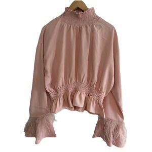 Sister Jane Pink Feather Cuff Blouse Smocked High Neck Shirred Waist Top Large